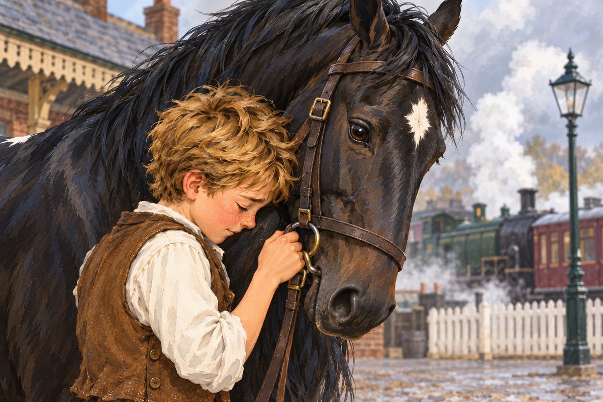 At the station I heard the mistress say softly, "Good-by, John. God bless you." Poor Joe stood close to our heads to hide his tears as the train glided away in clouds of white smoke. "We shall never see her again," said John, and drove us slowly home. But it was not our home now.
