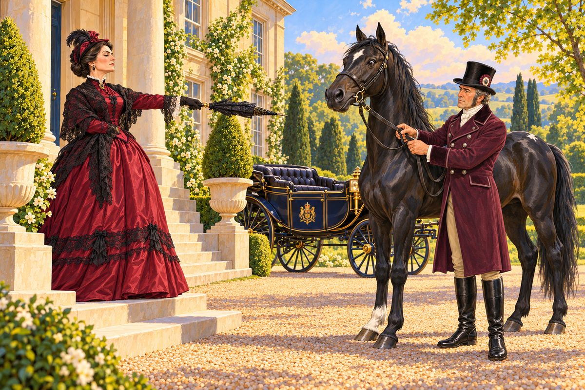 Each afternoon the proud Countess came rustling down the steps. 'York, you must put those horses' heads higher; they are not fit to be seen.' Hole by hole our bearing reins were shortened, and up steep hills I had to pull with my head strapped high, the strain falling on my back and legs. I began to dread my harness.