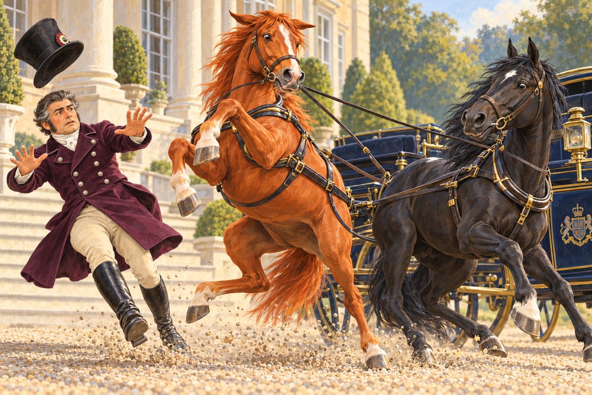 One day she demanded that our heads go up at once. York strapped my head painfully tight, but when he unhooked Ginger's rein she reared, plunged and kicked, then fell over the carriage pole, striking me hard above the hock. York sat on her head until she was cut free.