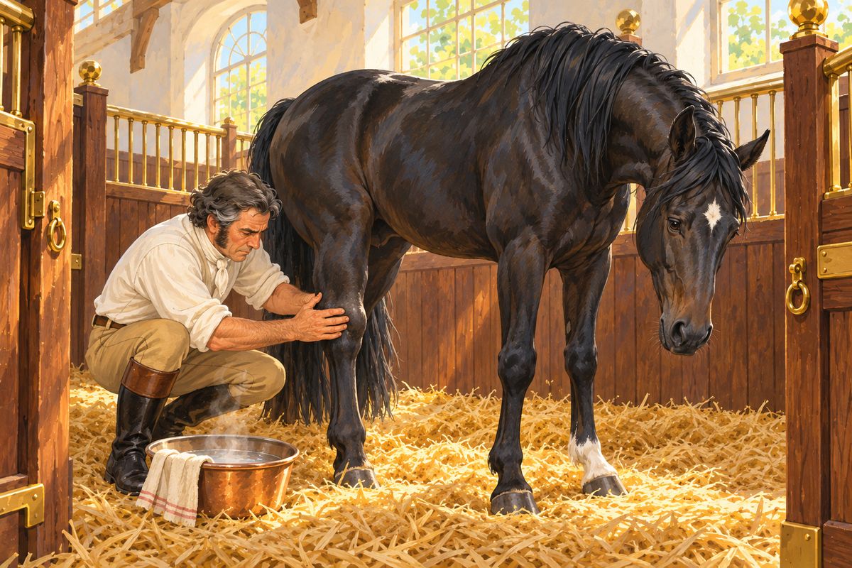 Alone in my box, York let my head down and found my swollen leg. 'Confound these check-reins!' he muttered, but only in private. I learned that Lord W—— blamed him. Ginger was never harnessed again and went to a younger son for hunting, and I was sent back out to the carriage.