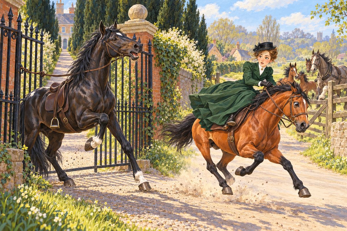 In spring Lady Anne chose me for her riding horse and called me Black Auster. One day she rode nervous Lizzie instead, while her cousin Blantyre rode me. At the doctor's gate, a frisky colt bumped Lizzie and a whip cracked. She kicked and bolted, and I, tied to the gate, neighed again and again for help.