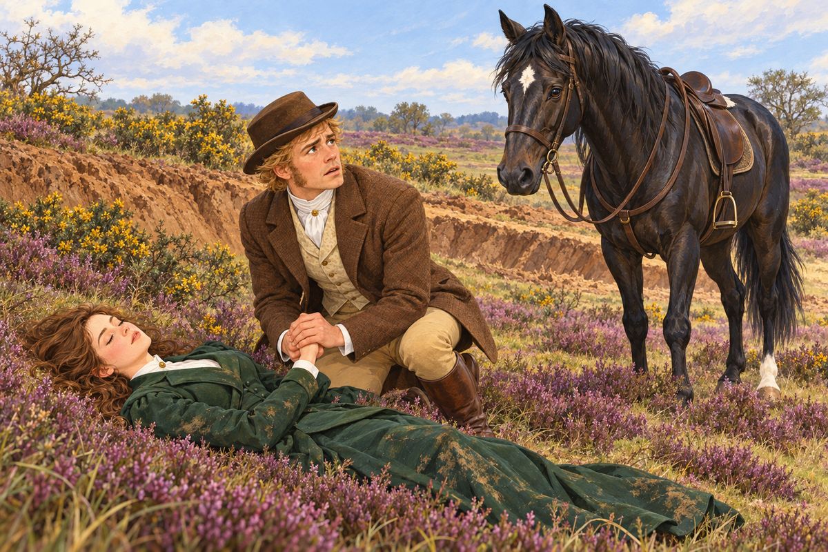 Blantyre galloped me after them, and a road-mender pointed to the common. Lizzie had fallen at a new dike, but I cleared it in one great leap. Lady Anne lay white and still. A turf-cutter rode me to fetch the doctor and the carriage, and two days later Blantyre came to say she was out of danger: 'She ought never to ride any other horse.'