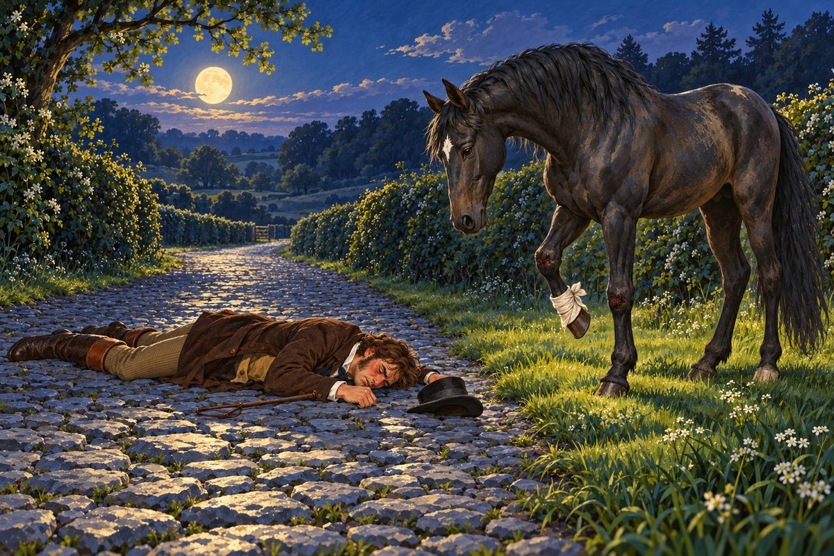 Long after nine, Smith galloped me out of town into the dark, slashing with his whip. My loose shoe flew off, and beyond the turnpike lay new, sharp stones. My bare hoof split, and I fell hard on both knees, throwing Smith. When the moon rose, he lay still, and I stood listening, remembering summer nights lying beside my mother in the meadow.