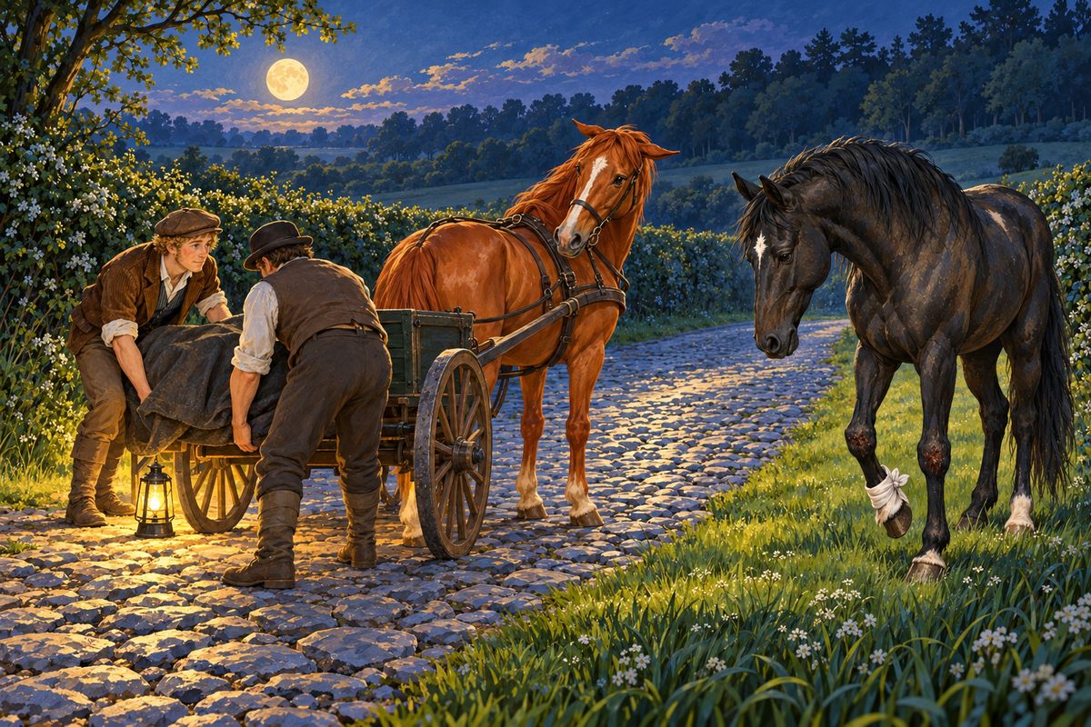 Near midnight I heard a familiar step and neighed; Ginger answered. Robert and Ned had come in the dog-cart because, as I learned, Susan was frightened. They found Reuben dead. With no one to hold her, Ginger stood still as stone while they lifted him into the cart, though she was usually so impatient. Then Robert bound my foot and led me slowly home, more than three miles.