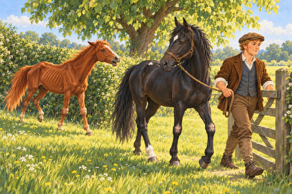 I was turned out alone to rest until Ginger joined me, ruined, I learned, by Lord George's hard riding in a steeplechase. "You by a drunkard, and I by a fool," she said. We stood under the lime tree until the earl decided my knees meant I must go. Robert led me away, with Ginger calling along the hedge, and I went by train to a livery stable in Bath.