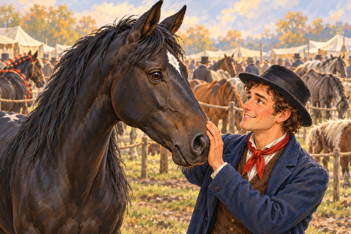 Mr Barry's next groom, the vain Alfred Smirk, left my stall so foul that my feet caught thrush, and I was sold at a horse fair. Broken-down horses stood in the background there, and gentlemen turned away from my scarred knees. Then a small grey-eyed man who smelled of fresh hay stroked my face. "Well, old chap, I think we should suit each other."