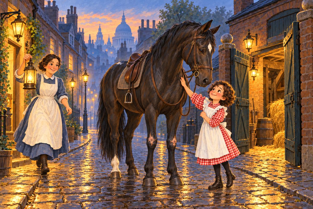 He paid twenty-four pounds ten and rode me to London, where gas lamps were already lit along mile after mile of streets. In a narrow side street he whistled, and his wife Polly ran out with Harry and Dolly to welcome us. "Is he gentle, father?" "As gentle as your own kitten," he said, and Dolly's little hand patted me all over.