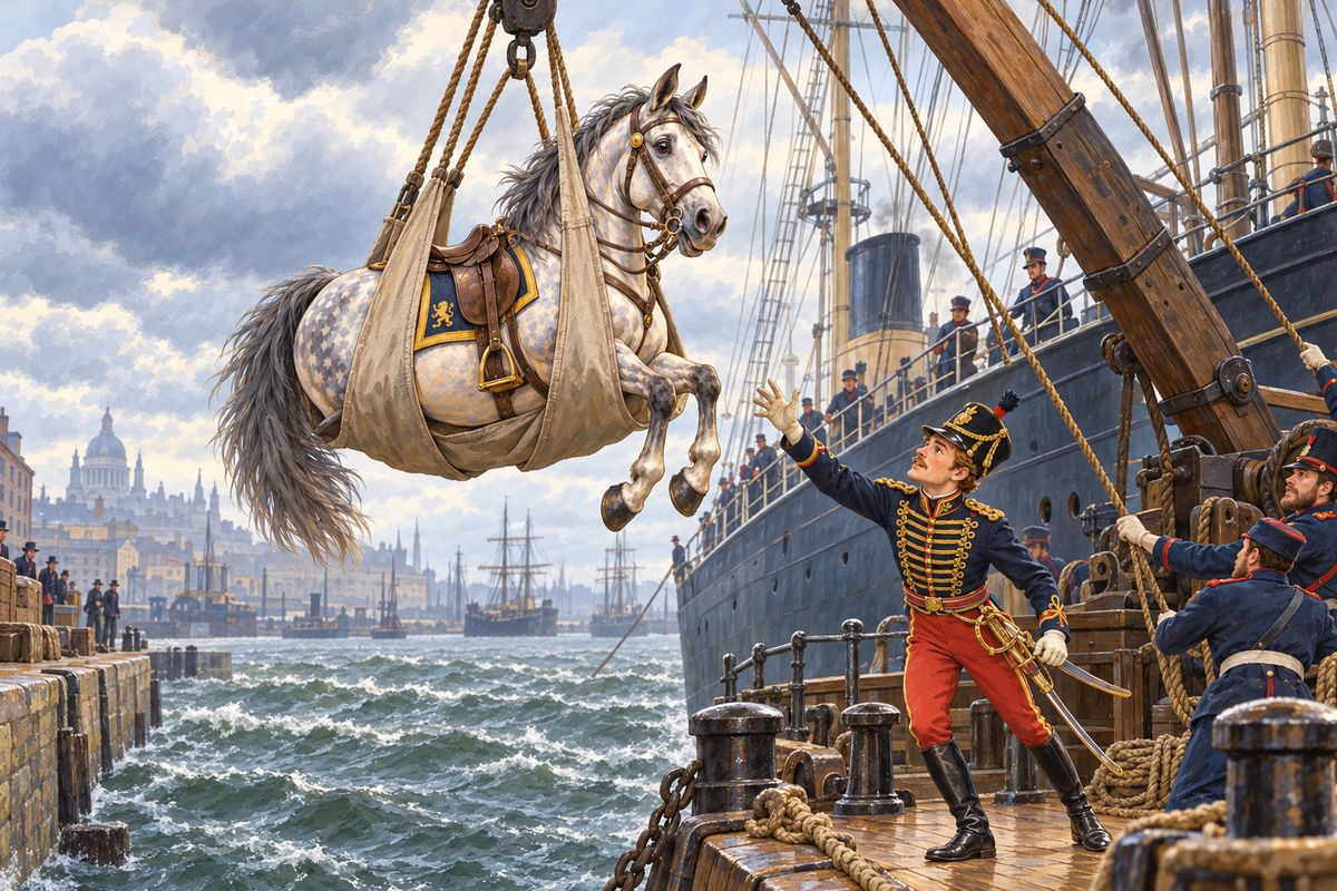 Jerry kept his Sundays for rest, and on those quiet days old Captain told me his history. As a young dappled iron-gray, he had gone to the Crimean War with a kind young cavalry officer. He told me how he was hoisted in straps over the water onto a great ship and spent the voyage shut in a close, rolling stall without seeing the sky.