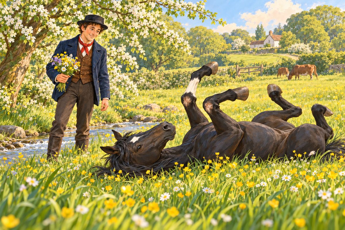 Jerry borrowed the butcher's light trap, and I carried Dinah and her baby into the May countryside. While her family sat with their sick mother, I was turned loose in their meadow, where I rolled, grazed and galloped like a young colt. Jerry gathered flowers and hawthorn by the brook, and back home Dolly jumped for joy at the posy.
