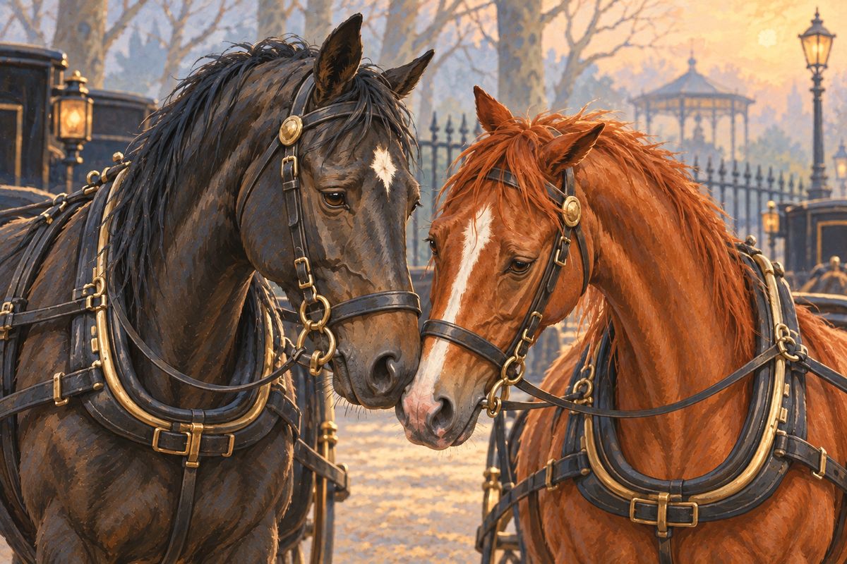 Waiting outside a park one day, I saw a worn-out chestnut mare reach for a wisp of my hay. 'Black Beauty, is that you?' It was Ginger, sold lower and lower until she pulled a cheap cab with no Sunday rest. I touched my nose to hers. 'You are the only friend I ever had,' she said.