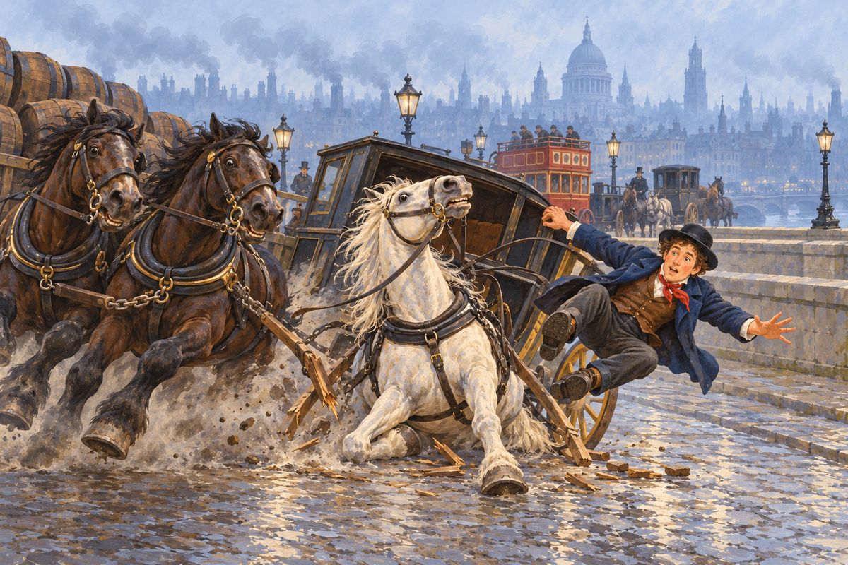 Later a drunken drayman lashed his horses into a gallop and smashed into Jerry's cab. My companion Captain was dragged down and badly hurt. Rather than sell his old friend into misery, Jerry chose a merciful end, and soon Captain was gone. In his place came Hotspur, a young brown horse who, I learned, had been ruined for a lord's stable by a cruel curb.