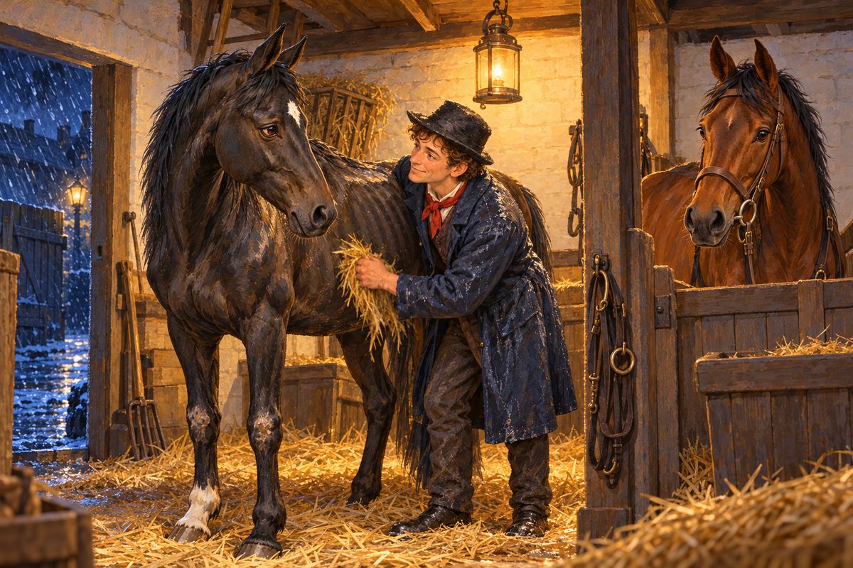Hotspur soon settled in, gentle with an easy bit. On New Year's Eve Jerry waited with me in driving sleet until past one in the morning. Home at last, coughing and barely able to speak, he still rubbed me down and fetched me an extra bundle of straw before going in.