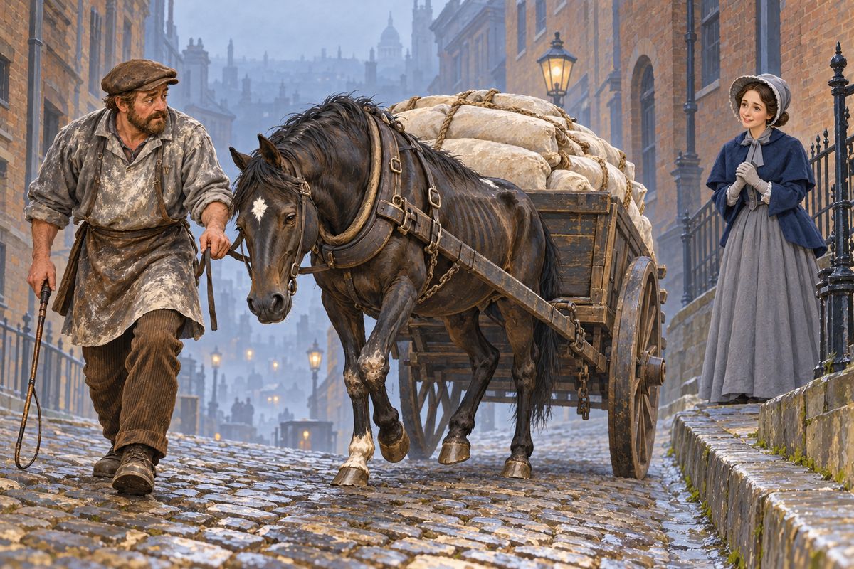 I was sold to a baker, whose hurrying foreman overloaded me, and his carter, Jakes, kept my check-rein tight. On a steep hill, as the whip came down, a kind lady persuaded Jakes to take the rein quite off. 'He cannot use all his power with his head held back,' she said. Given my head, I threw my weight into the collar and pulled the load steadily up.