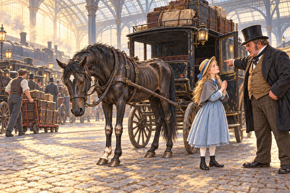 A dark stable nearly ruined my eyes, and I was sold to Nicholas Skinner, whose cab-horses had no Sunday rest and whose drivers carried cruel whips. One hot day at the station a young girl named Grace saw how worn I was. 'Papa, papa, do take a second cab,' she begged, but her father ordered her in, and box after box was piled on.