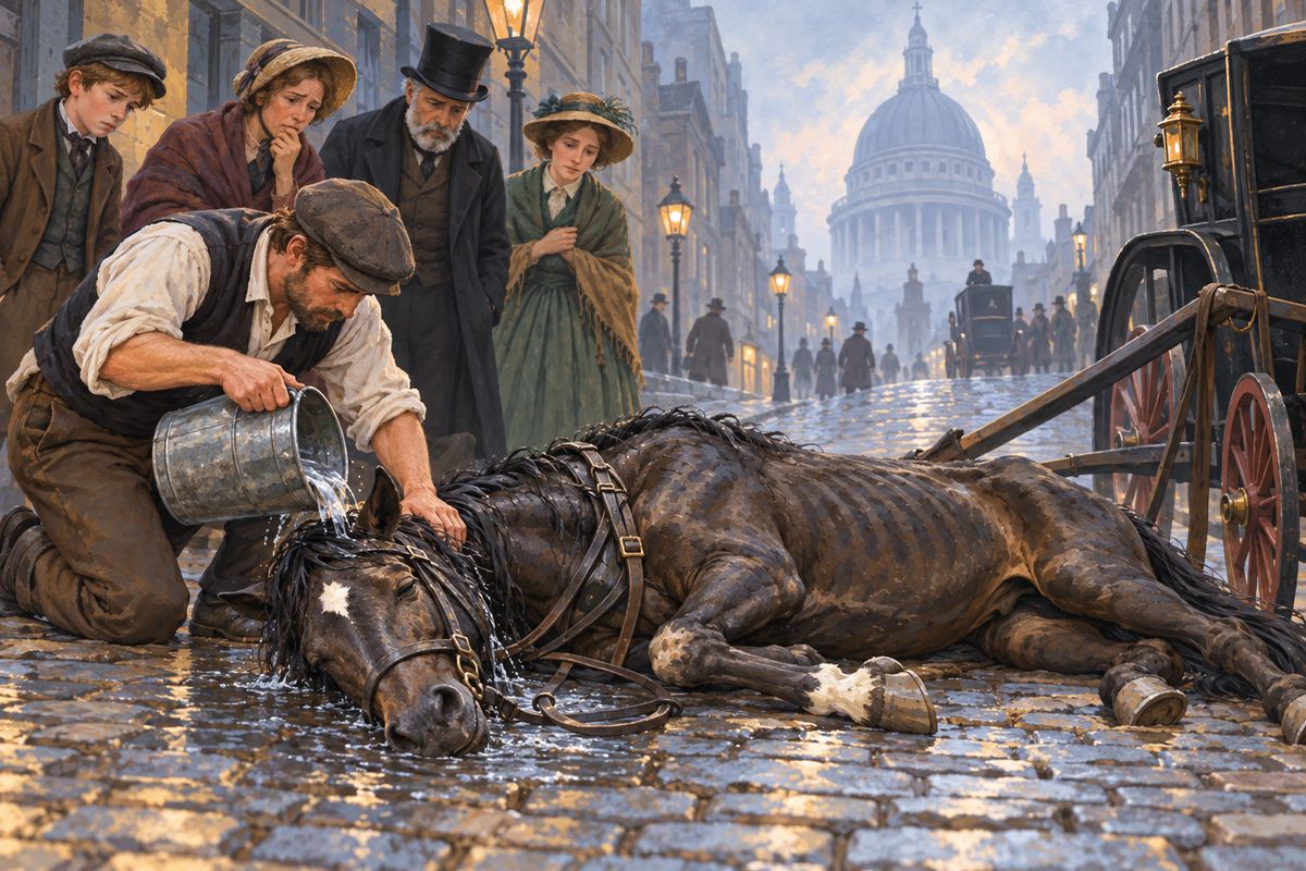 With no food or rest since morning, I struggled as far as Ludgate Hill, and then my feet slipped and I fell heavily on my side. Strangers loosened my harness, threw cold water over my head and gave me cordial, until at last I staggered up. A farrier said only overwork was to blame, so Skinner fed me for ten days and sent me to the sale.
