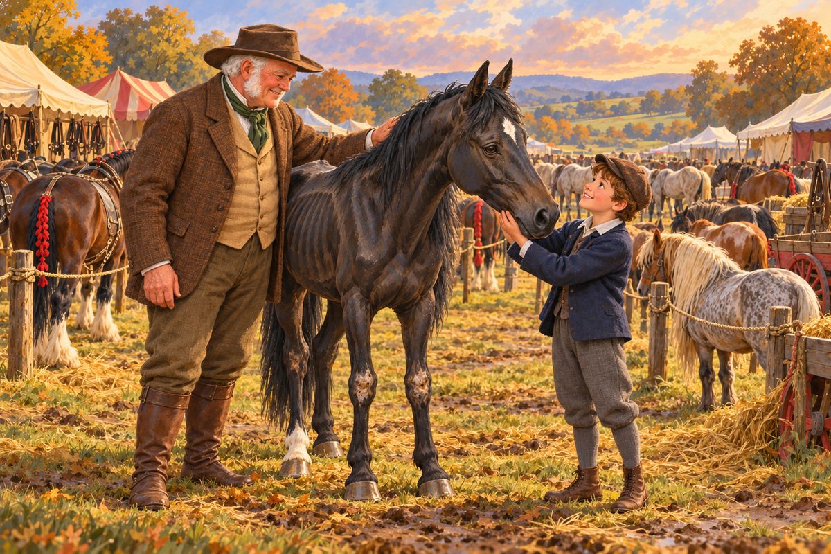At the horse fair, where I stood among lame and broken-down horses, Farmer Thoroughgood and his grandson Willie stopped. 'Could not you buy him and make him young again as you did with Ladybird?' Willie begged. The farmer paid five pounds for me, and all winter I, Willie's 'Old Crony', rested in a quiet meadow, until by spring my legs were strong again.