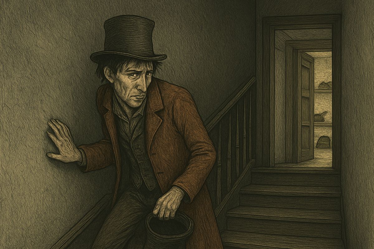 He owed his landlady far more than he could pay, and her kitchen door on the floor below always stood open. So, as he did every time, he crept down the stairs like a cat and slipped out unseen, scowling with a sick, frightened shame.