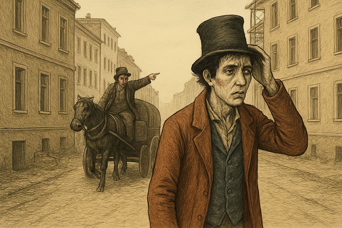 The streets stank of dust, plaster and pot-houses. When a drunk on a passing waggon jeered at his hat, Raskolnikov went cold: people would remember a hat like that. He knew exactly how far he was going: seven hundred and thirty steps. Tonight was only a 'rehearsal'.