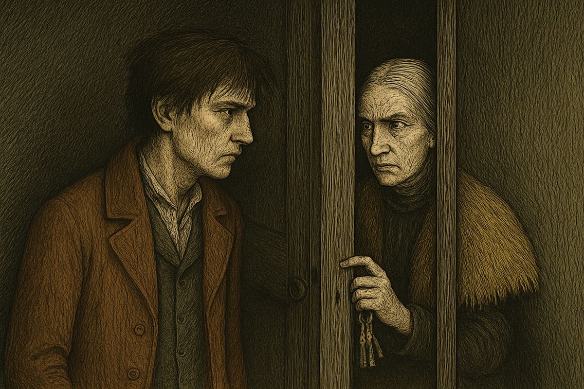 At the huge house by the canal he climbed the dark back stairs to the fourth floor and rang the tinny bell. The door opened a tiny crack, and the old pawnbroker Alyona Ivanovna eyed him from the darkness with open distrust.
