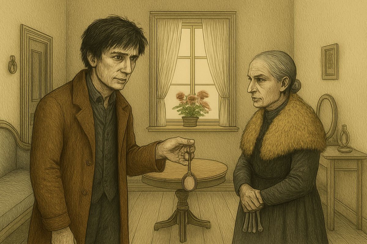 In her spotless little room, lit gold by the setting sun, he held out his father's silver watch. 'A rouble and a half, and interest in advance, if you like!' she said. He was ready to walk out, but he had come for something else as well.