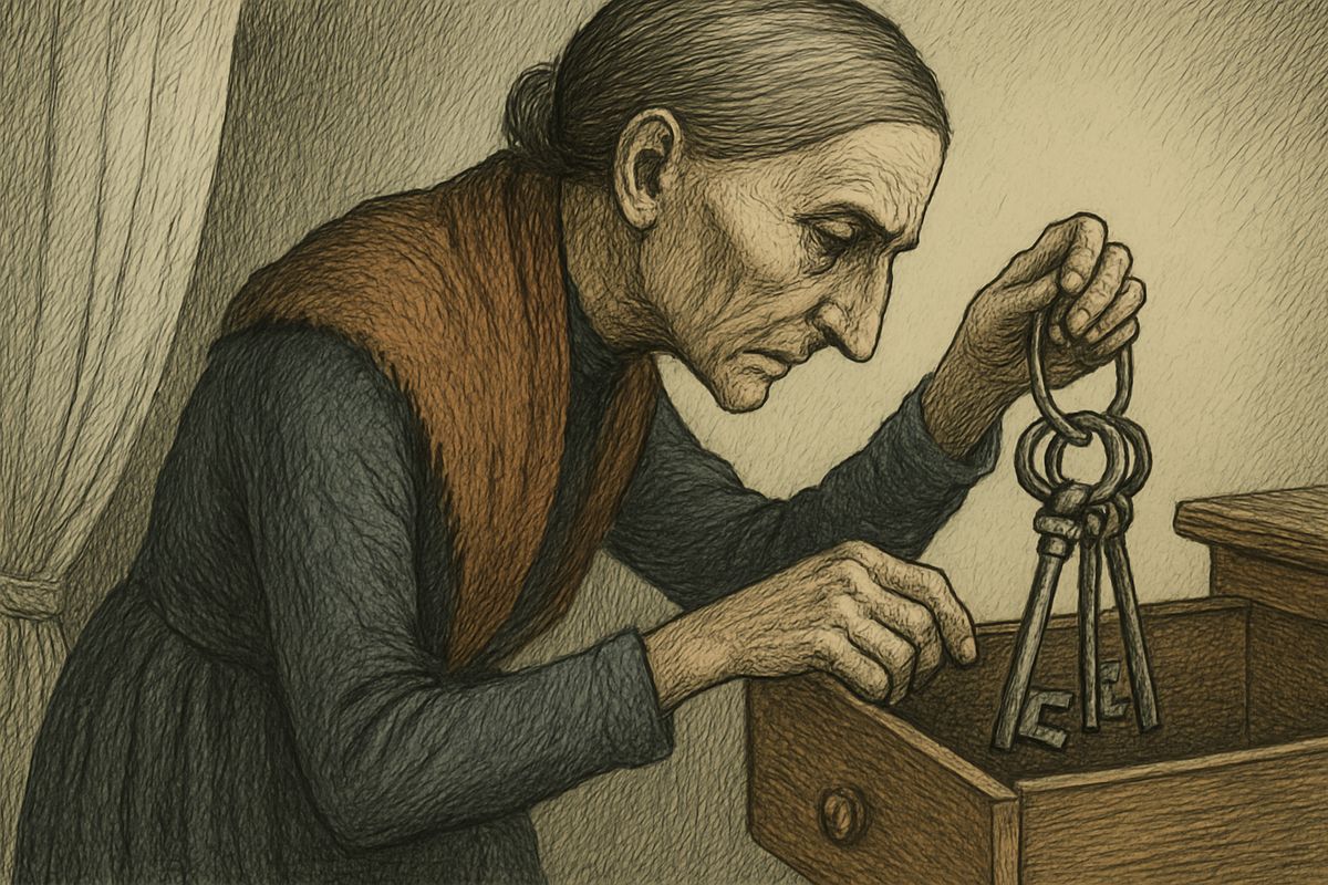 She went behind the curtain to unlock a drawer. He noted everything: the keys on a steel ring in her right pocket, one big notched key surely for a strongbox. Then, far too casually, he asked whether she was always home alone.
