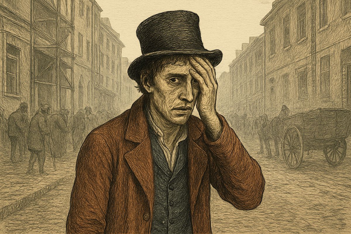 Outside, he stumbled along like a drunk. 'Oh God, how loathsome it all is!' What filthy things his heart was capable of! Giddy with thirst and two days' hunger, he entered a basement tavern for the first time in his life.