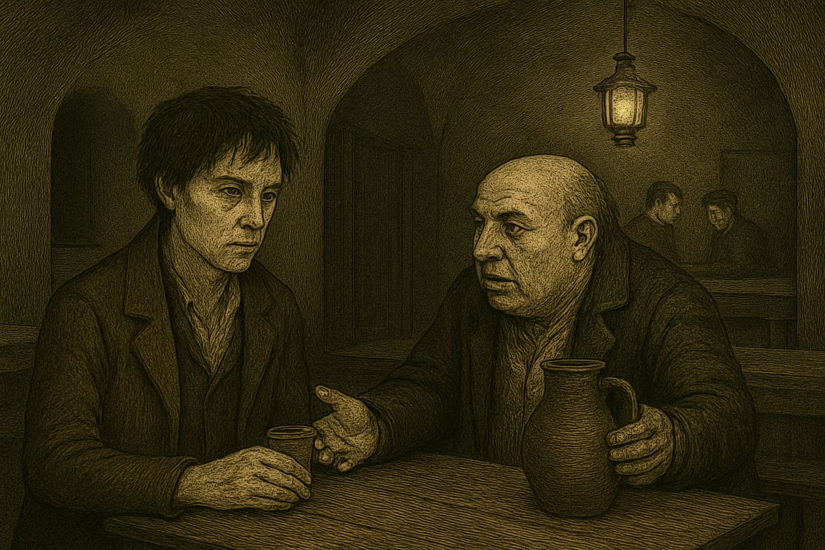 Over his beer a bloated, ragged clerk with hay in his hair came and sat beside him: Marmeladov, titular counsellor. 'Poverty is not a vice, but beggary is.' He had lost his post through drink, and the tavern boys sniggered as he told the student about it.