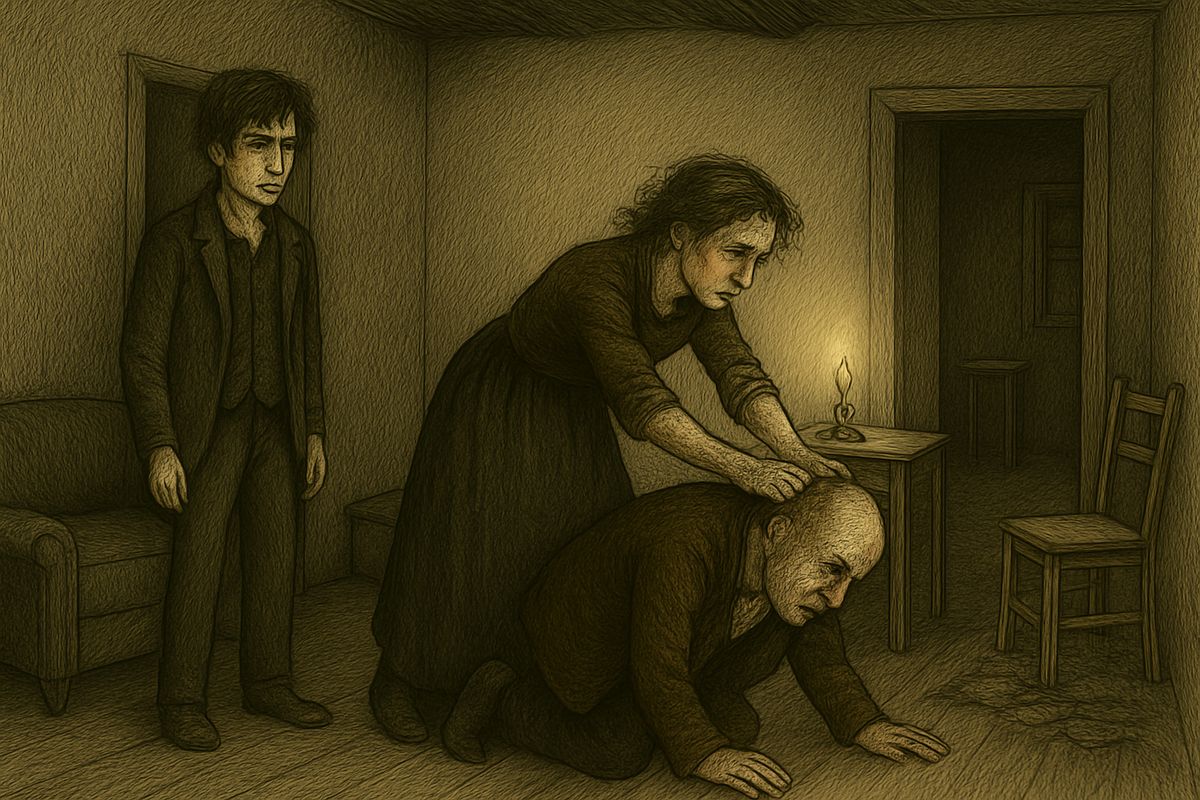 Raskolnikov helped him home to Kozel's house. In the filthy passage-room, the feverish Katerina Ivanovna searched him, found not a farthing, and dragged him across the floor by the hair while the children screamed. 'This is a con-so-la-tion to me, honoured sir!' he called out.