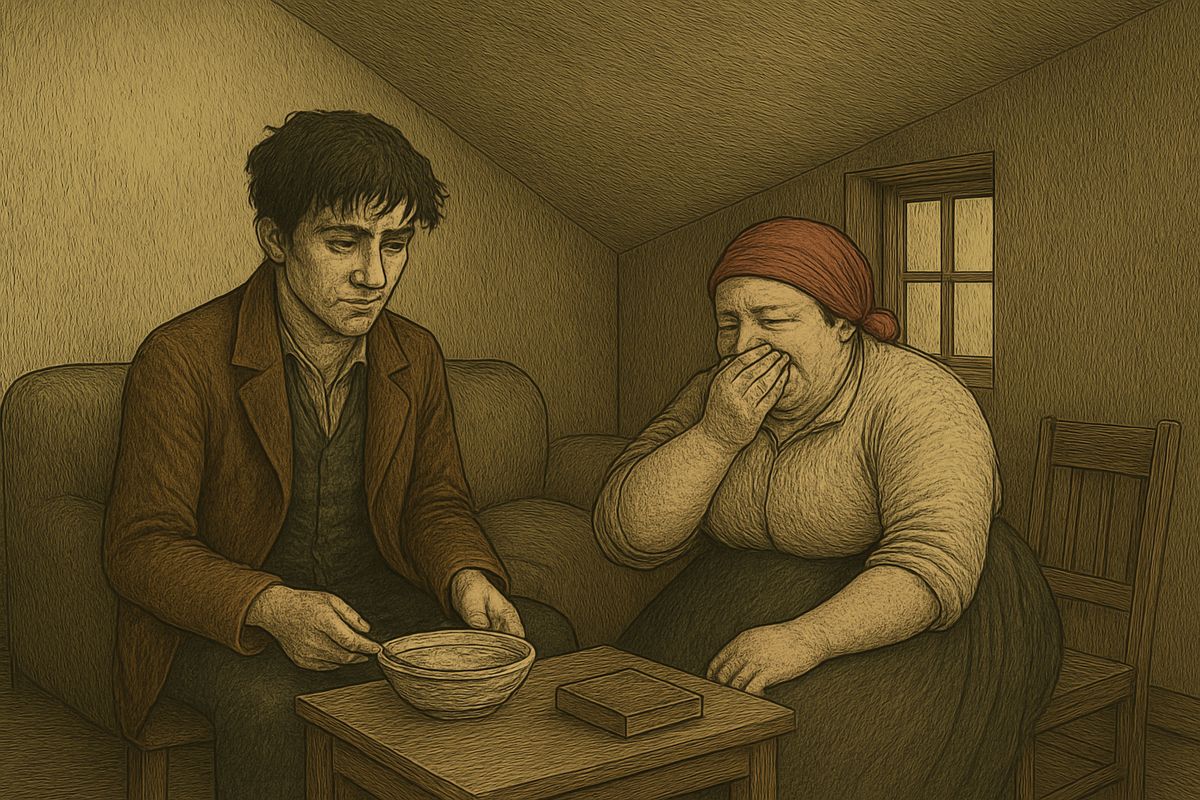 He woke late. Nastasya, the cook, brought him yesterday's cabbage soup and chattered that the landlady meant to go to the police. Why lie there like a sack? 'I am thinking,' he said gravely. Then she remembered a letter had come for him.