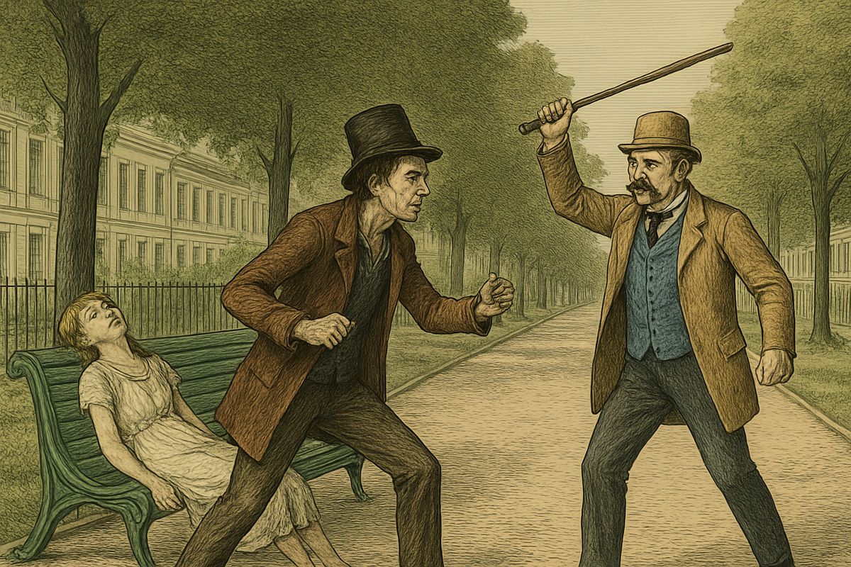 On the deserted K—— Boulevard he followed a drunken girl of about fifteen who sank onto a bench, while a plump dandy lingered, waiting to carry her off. 'Hey, you Svidrigailov! What do you want here?' The dandy raised his cane; a policeman intervened.