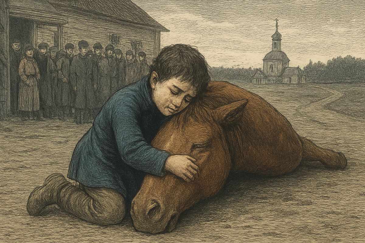 Mikolka took a crowbar and beat the mare to death while the crowd laughed. The boy pushed through screaming, kissed her bleeding dead head, then flew at Mikolka with his little fists before his father carried him away.