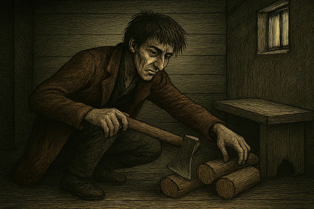The hour had come. He sewed a noose into his coat for the axe and fetched his fake pledge. But Nastasya was in the kitchen; the plan to take her axe collapsed. Then something shone under the porter's bench. 'When reason fails, the devil helps!'