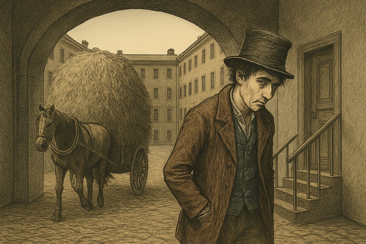 He walked sedately, so as to draw no eyes, his mind drifting to fountains and gardens. A shop clock said ten past seven. At the old woman's house, as though by design, a huge waggon of hay was rolling in under the gateway, and behind it he slipped inside unseen.