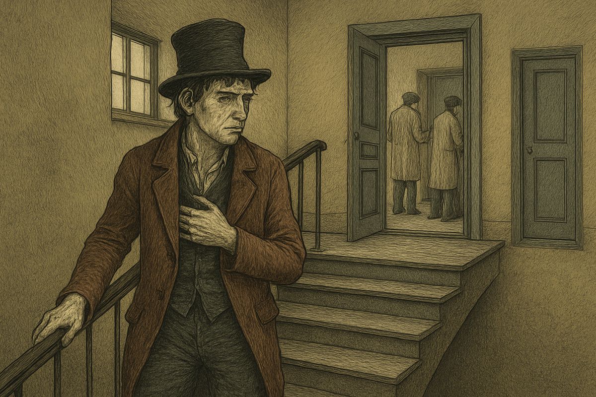 The stairs were empty and every door shut, except one on the second floor, standing open, where painters were at work. They never looked up. "It would be better if they weren't here, but it's two storeys below," he told himself, and climbed on.
