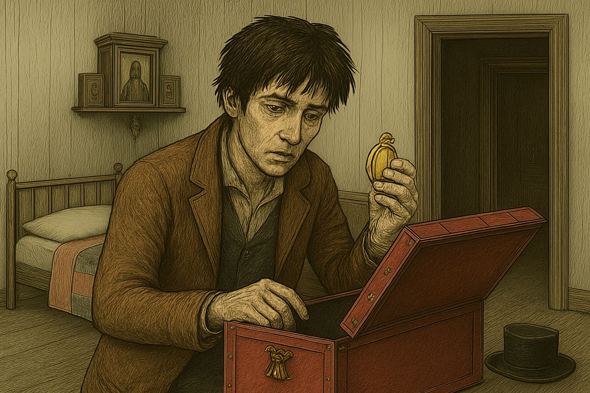 Then it was done. With her keys he fumbled at the drawers, then remembered the big notched key and pulled a trunk from under the bed. He stuffed a few gold trinkets into his pockets. In the next room, a small hand lay still.