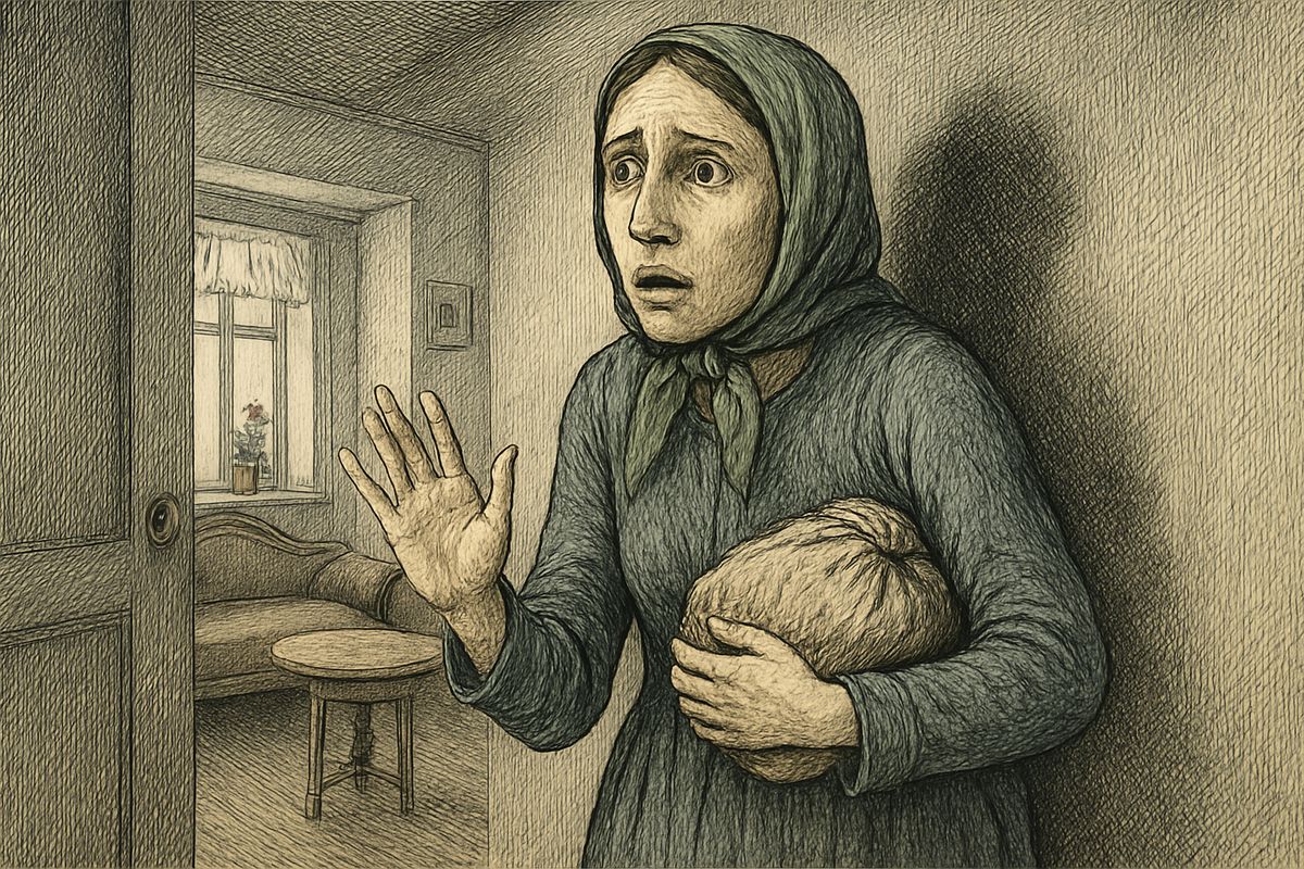 Hearing a step and a low cry, he ran out with the axe. Lizaveta stood there with a bundle, white as a sheet. She backed away without a sound, mouth twitching like a frightened child's, one empty hand raised to keep him off.