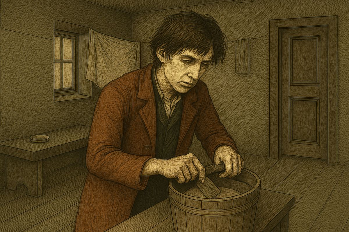 Her bundle lay where it had fallen. Dazed, he washed his hands and the axe in a bucket in the kitchen and rubbed the handle with soap. Then, in the entry, a horror stopped him cold: the outer door had stood six inches open the whole time.