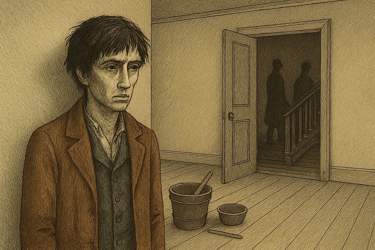 When both men had gone down, he unhooked the door and followed. Voices came up to meet him; there was nowhere to go. Then he saw the painters' flat, empty and wide open. He slipped inside as the men passed, then fled.