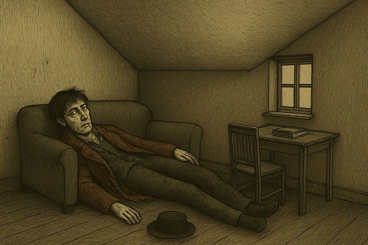 Soaked with sweat, he took a long way home. The porter was out again, and he slid the axe back under the bench. Then he climbed to his garret and fell onto the sofa, lost in a blank oblivion.