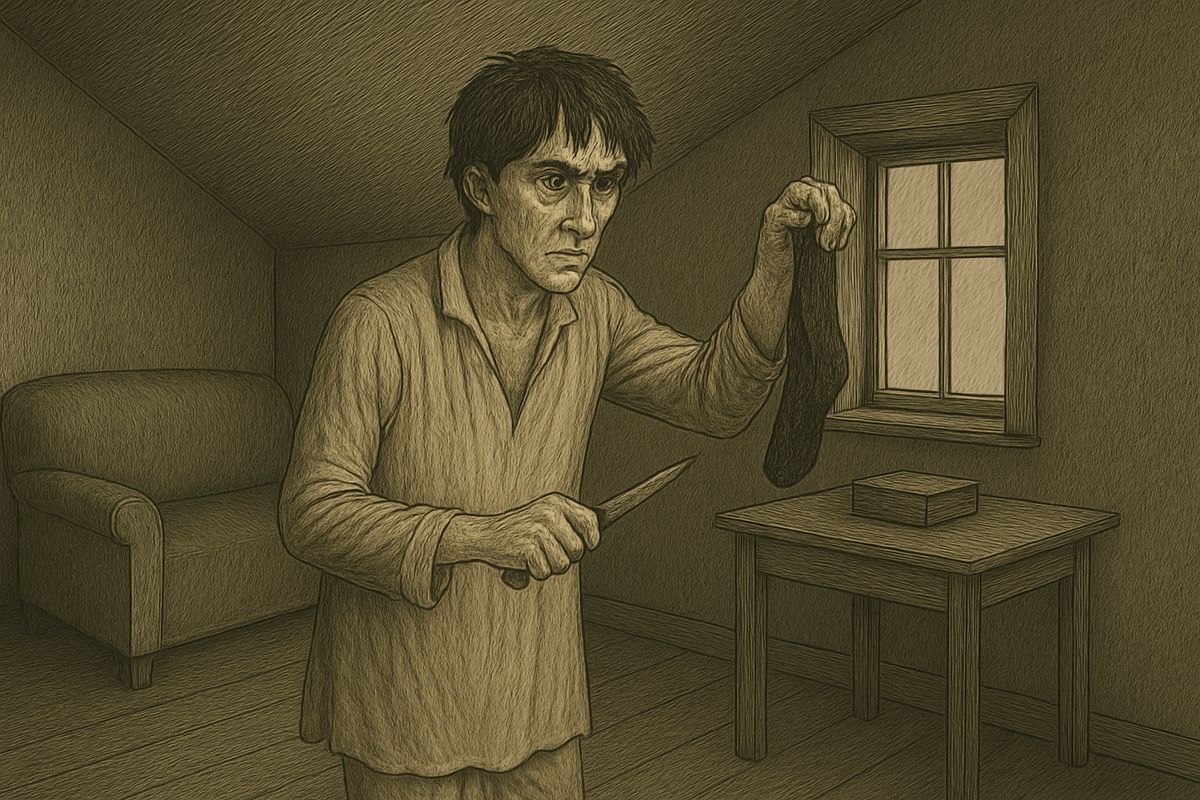 Waking before dawn in a fever, Raskolnikov remembered everything. Three times he searched his clothes, cutting away blood-clotted threads and a stained pocket lining. He had stuffed the loot behind the wallpaper, then shuddered: 'Is that the way to hide things?'
