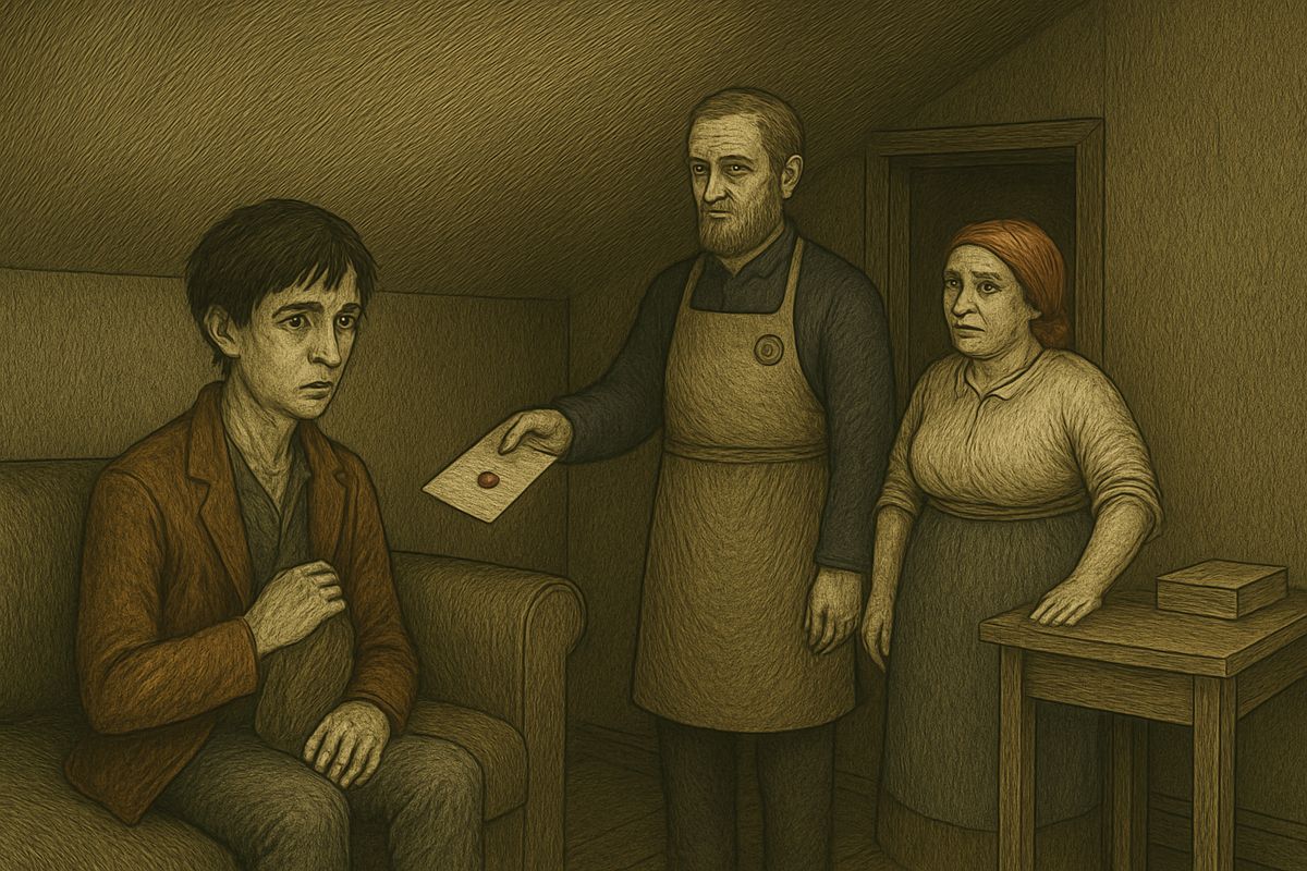 He fell asleep clutching the rags and woke past ten to Nastasya and the porter pounding on the door. Sure all was discovered, he unlatched it. The porter handed him a summons to the police office; Nastasya only giggled at his rags.