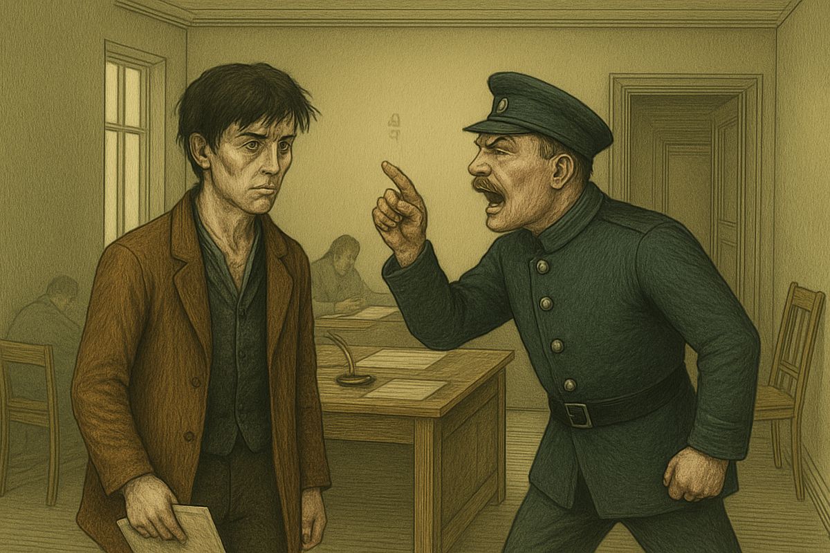 At the stifling police office it proved only his landlady's IOU for a hundred and fifteen roubles, and joy flooded him. When assistant superintendent Ilya Petrovitch bellowed at him for being late, he shouted back: 'You're smoking a cigarette as well as shouting!'