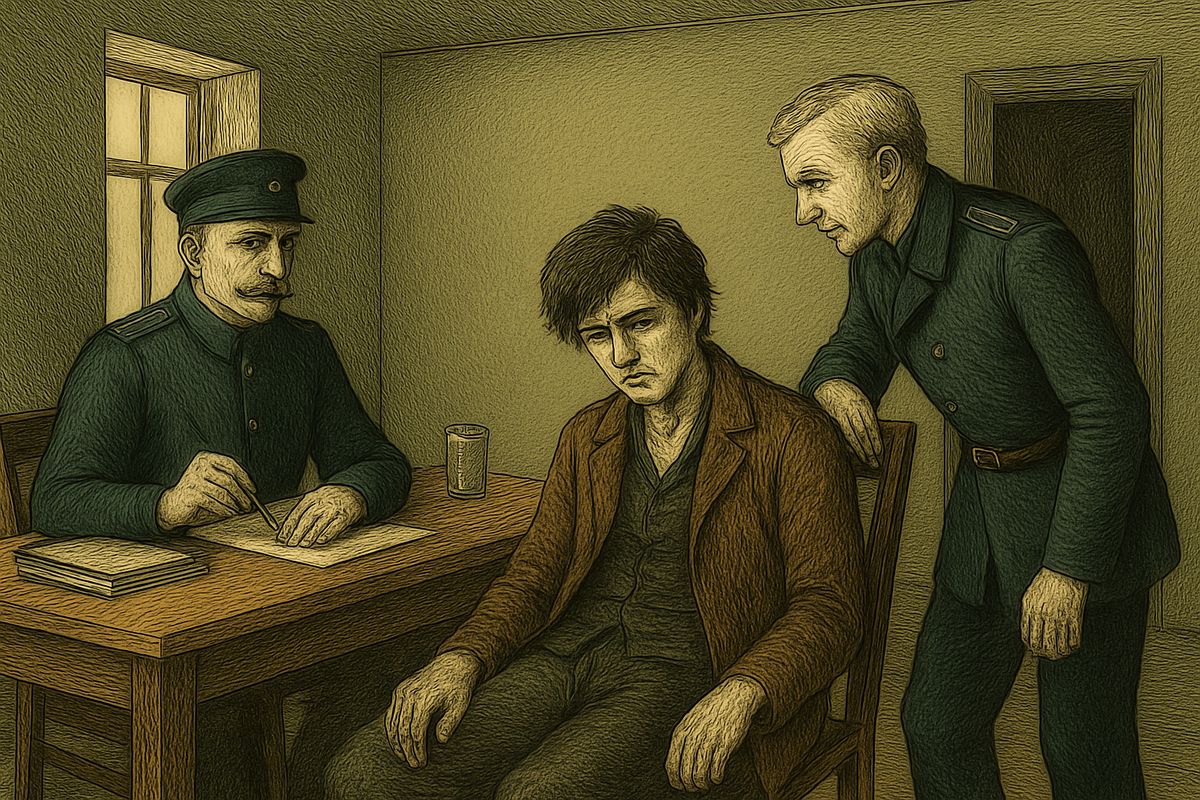 He signed a pledge to pay and was half-minded to confess to Nikodim Fomitch. Then, hearing the officers discuss the pawnbroker's murder, he fainted. Revived, he answered Ilya Petrovitch's questions curtly, then fled home in terror: 'A search—there will be a search at once!'