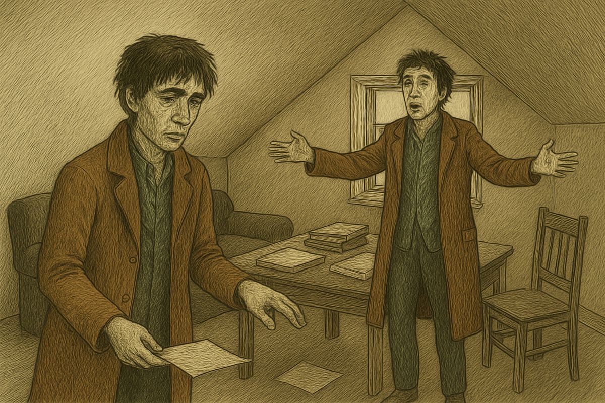 Loathing every face he passed, he found himself at Razumihin's garret. His old friend saw he was ill and offered translation work and three roubles. Raskolnikov took them in silence, walked out, then climbed back and left them. 'I am by myself... alone.'