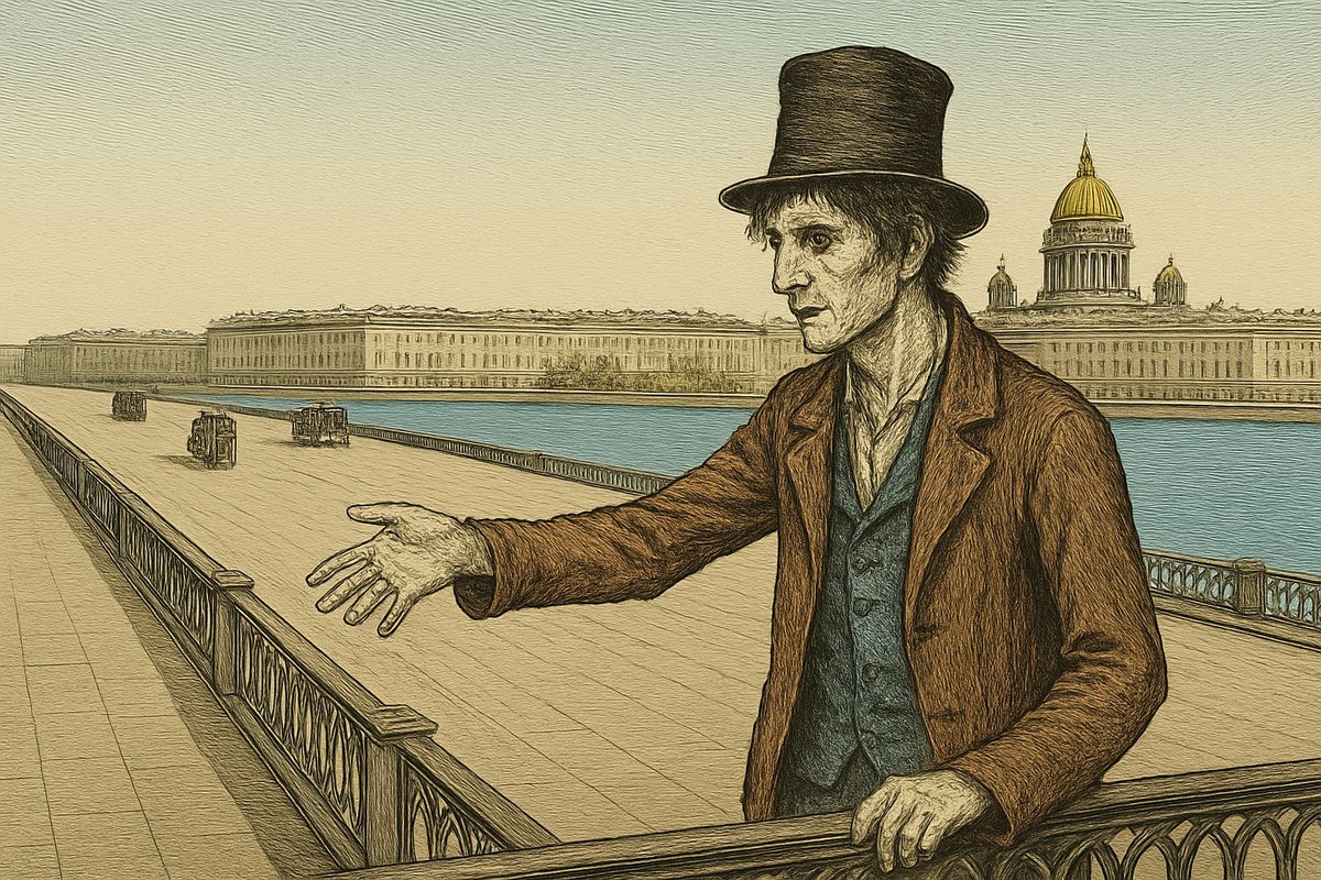 On the Nikolaevsky Bridge a coachman lashed him with his whip, and passers-by laughed. A woman, taking him for a beggar, gave him twenty copecks. He gazed at the glittering cathedral, then flung the coin into the Neva, cut off from everyone.