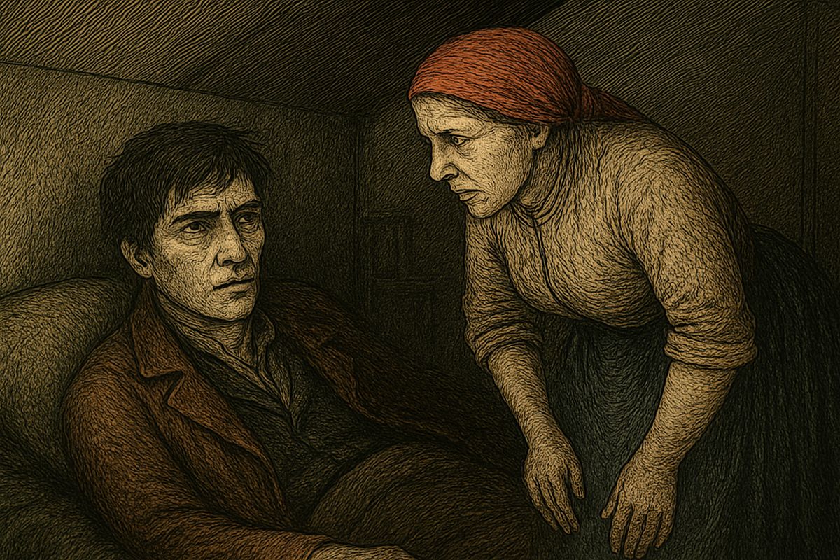 At dusk he woke to hideous screams: Ilya Petrovitch seemed to be beating the landlady on the stairs. Frozen with terror, he waited. Then Nastasya brought soup. "Nobody has been beating the landlady. That's the blood crying in your ears."