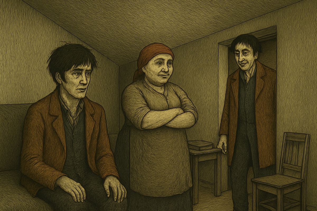 After days of fever, when faces came and went and mocked him, Raskolnikov woke fully at ten one morning. Nastasya stood by the sofa, and tall Razumihin ducked in at the low door. "What a cabin it is! So you are conscious, brother?"