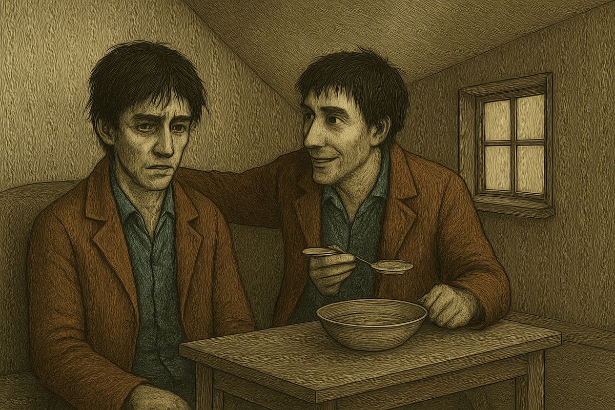 Razumihin signed for the thirty-five roubles his mother had sent, then fed him soup by the spoonful, blowing on each one. He boasted that he had tracked Rodya down and quite won over Pashenka, the landlady. Raskolnikov swallowed and said little, slyly hiding his strength so he could listen.