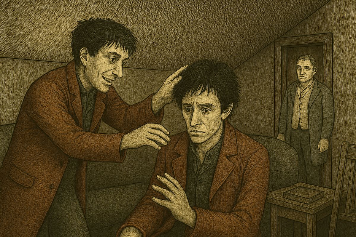That evening Razumihin untied a parcel of second-hand clothes bought with the mother's money and cheerfully fitted a new cap onto his friend's head, while Raskolnikov waved him away in disgust. Just then the door opened and in came Zossimov, the young doctor, fat, lazy and well dressed.