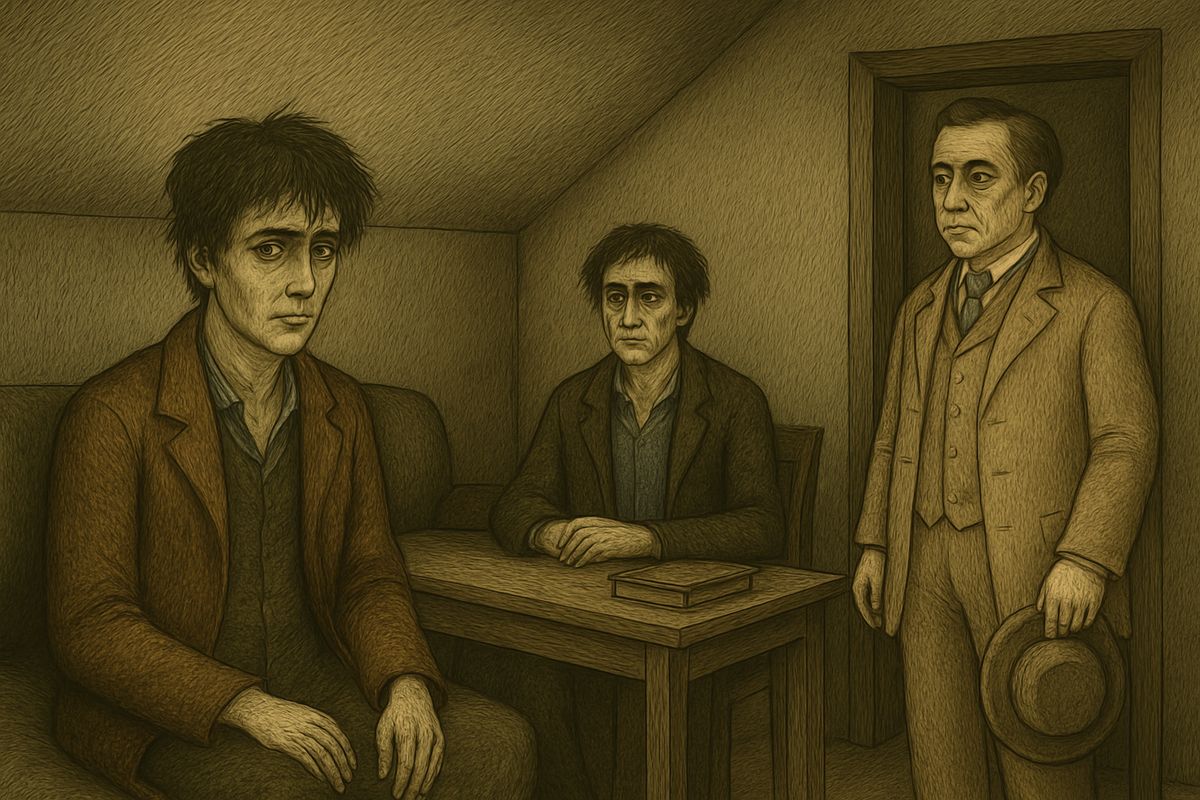 Suddenly a stranger stopped in the doorway: Pyotr Petrovitch Luzhin, Dounia's fiancé, in brand-new clothes from the tailor's. He looked round the squalid little cabin, the unshaven Razumihin and the unwashed invalid with open distaste. "So you are the fiancé? I know, and that's enough!" Raskolnikov snapped.